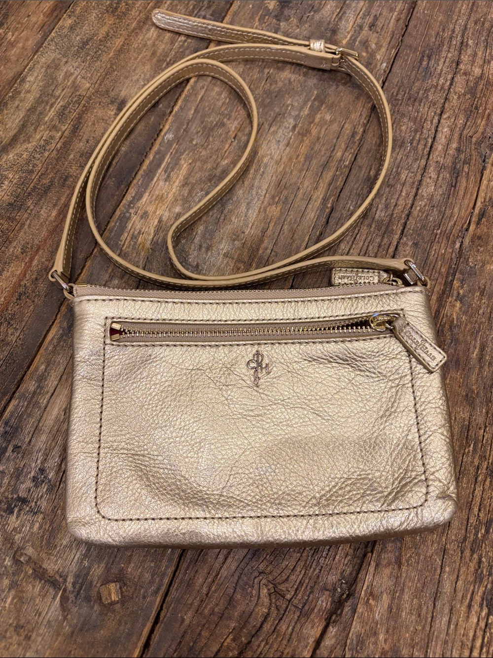 Metallic Gold Leather Crossbody with Front Zip Pocket